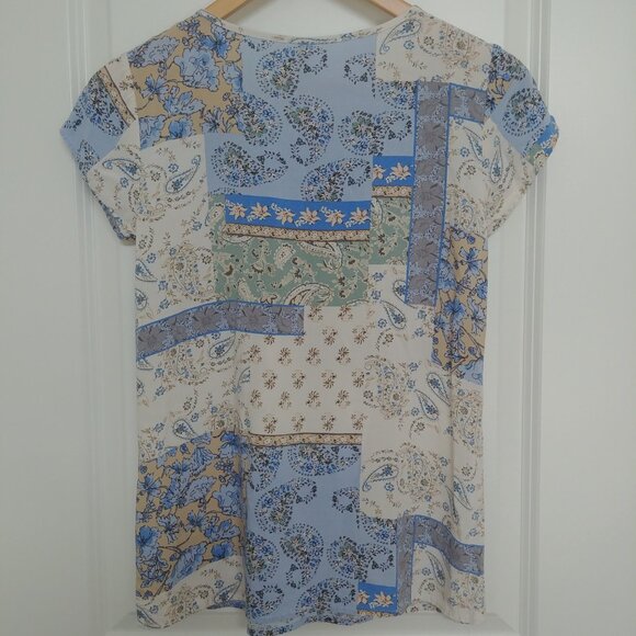4/$20 Soya Concept Denmark blue cream patchwork look soft blouse top XS - Picture 7 of 14